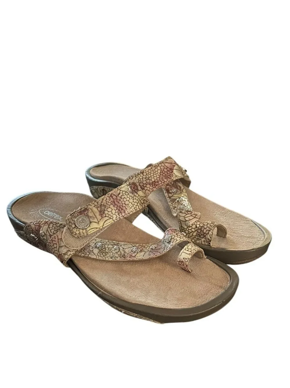 AETREX Izzy Adjustable Slide Sandals Rose Cream Gold Snakeskin Silvertone Studs
